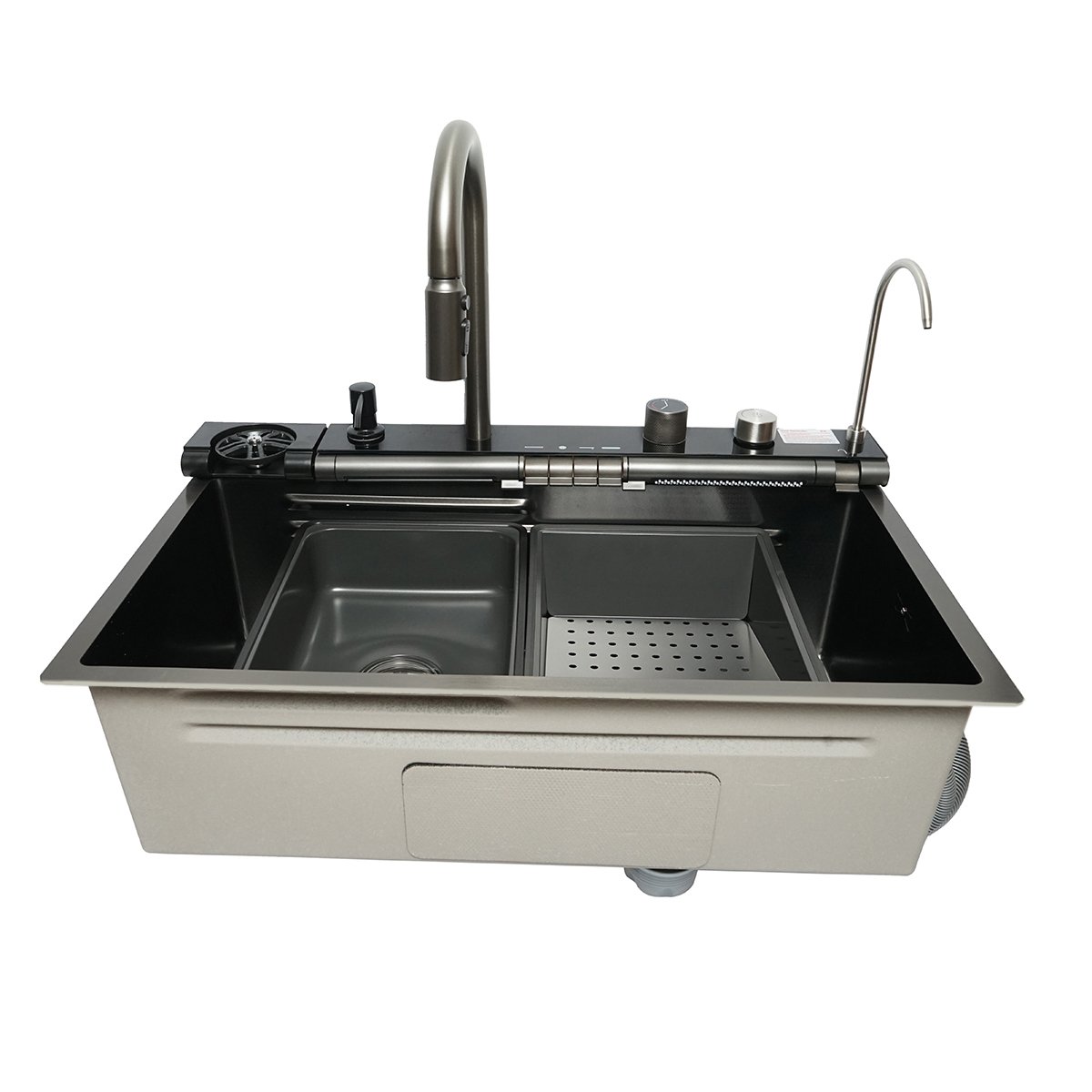 Chiuveta bucatarie multifunctionala cu doua baterii, otel inoxidabil cu afisaj digital temperatura, doua cascade, spalator pahare, scurgator, tava, tocator si accesorii incluse, dimensiune 75x46x22cm